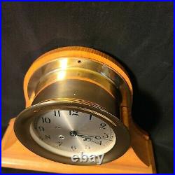 6 Chelsea Heavy Brass Ships Bell Clock, Wood Base, Key Serial Number 1980-1984