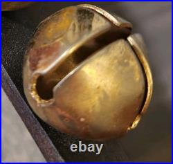 7 Antique Large Solid Brass Sleigh Bells on Leather Farmhouse Country Christmas