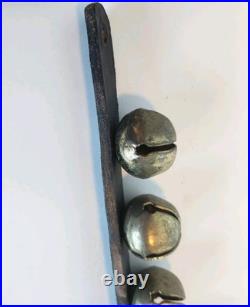 7 Antique Large Solid Brass Sleigh Bells on Leather Farmhouse Country Christmas