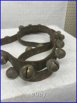 96 inch Antique Brass Sleigh Bells in Leather Strap with buckle and 27 Bells