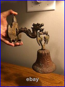 ANTIQUE BRASS COPPER ORNATE DRAGON 5.5 BELL With DRAGON HOLDER HEAVY RARE