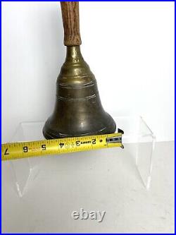ANTIQUE BRASS HAND HELD SCHOOL BELL Dinner Nell WITH WOODEN HANDLE 10H