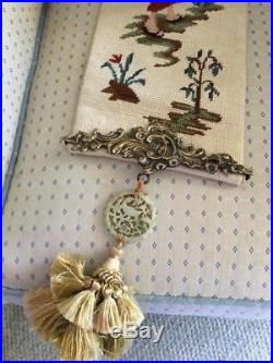 ANTIQUE COMPLETED JAPANESE GEISHA NEEDLEPOINT BELL PULL w BRASS & JADE TASSELS