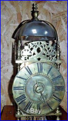 ANTIQUE ENGLISH BRASS LANTERN BELL CHIME CLOCK WORKING ONE HAND & WEIGHT c. 1720