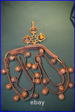 ANTIQUE Ornate BRASS SLEIGH BELL LEATHER BELT Cast Fancy top