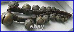 ANTIQUE SENSATIONAL SIGNED 15 GRADUATED BRASS SLEIGH BELLS ON LEATHER WithBUCKLE