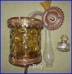 ANTIQUE TOPAZ THUMBPRINT RED BRASS HANGING OIL/CANDLE LAMP WithSMOKE BELL