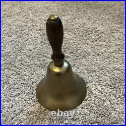 ATQ VTG Large Brass Hand Held Teacher School Bell 9 Tall 6 Wide Wooden Handle ATQ VTG Large Brass Hand Held Teacher School Bell 9 Tall 6 Wide Wooden Handle