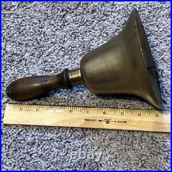 ATQ VTG Large Brass Hand Held Teacher School Bell 9 Tall 6 Wide Wooden Handle
