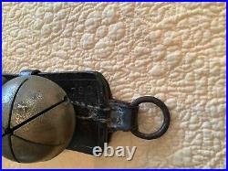 AntiqueLARGE BRASS SLEIGH BELLS withLEATHER BELT STRAPRARE marked 793