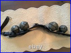 AntiqueLARGE BRASS SLEIGH BELLS withLEATHER BELT STRAPRARE marked 793