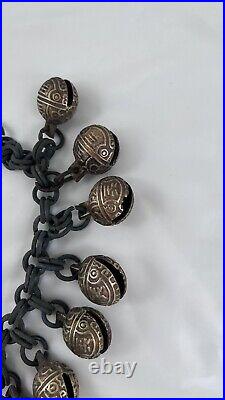 Antique 11 Chinese Brass Bells On Chain, Feng Shui, Livestock Chain Of Bells