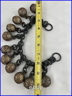 Antique 11 Chinese Brass Bells On Chain, Feng Shui, Livestock Chain Of Bells