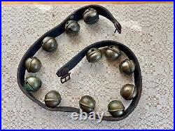 Antique 12 Brass Sleigh /Crotal Bells On 40 Leather Strap Christmas