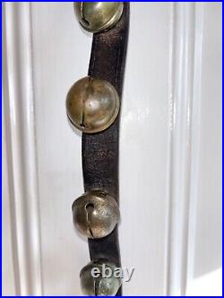 Antique 12 Brass Sleigh /Crotal Bells On 40 Leather Strap Christmas