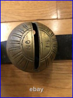 Antique 12 Sleigh Bells #14 On Leather Strap With Buckle 72 Long