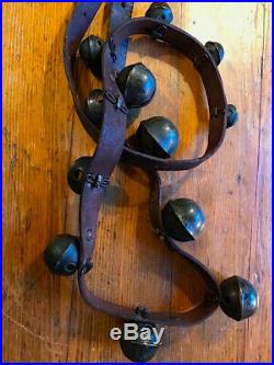 Antique 13 Total Brass Graduated Petal Design Sleigh Bells On Leather Strap