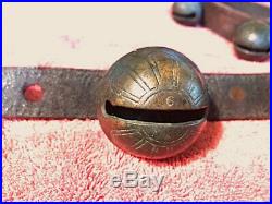 Antique 13 Total Brass Graduated Petal Design Sleigh Bells On Leather Strap