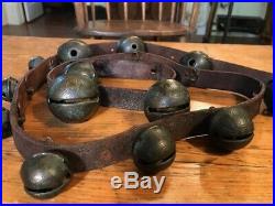 Antique 13 Total Brass Graduated Petal Design Sleigh Bells On Leather Strap