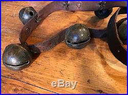 Antique 13 Total Brass Graduated Petal Design Sleigh Bells On Leather Strap