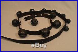 Antique 13 Total Brass Graduated Petal Design Sleigh Bells On Leather Strap