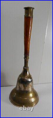 Antique 14-inch large hand bell, ornate brass, burl wood handle, brass crown