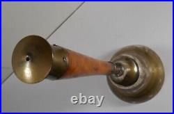 Antique 14-inch large hand bell, ornate brass, burl wood handle, brass crown