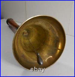 Antique 14-inch large hand bell, ornate brass, burl wood handle, brass crown