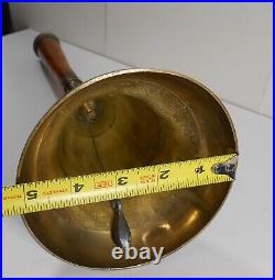 Antique 14-inch large hand bell, ornate brass, burl wood handle, brass crown