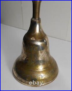 Antique 14-inch large hand bell, ornate brass, burl wood handle, brass crown