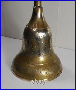 Antique 14-inch large hand bell, ornate brass, burl wood handle, brass crown