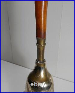 Antique 14-inch large hand bell, ornate brass, burl wood handle, brass crown
