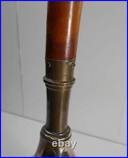 Antique 14-inch large hand bell, ornate brass, burl wood handle, brass crown