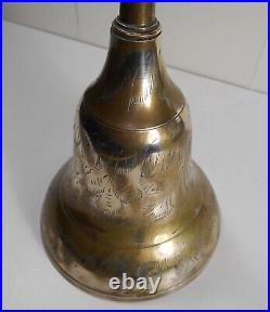 Antique 14-inch large hand bell, ornate brass, burl wood handle, brass crown