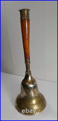 Antique 14-inch large hand bell, ornate brass, burl wood handle, brass crown
