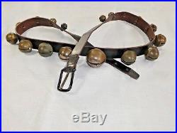 Antique 17 Graduated Petal Brass Horse Sleigh Bells Upon 78 Leather Belt. 1845