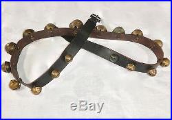 Antique 17 Graduated Petal Brass Horse Sleigh Bells Upon 78 Leather Belt. 1845