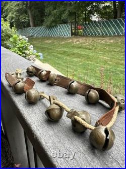 Antique 1800's Graduated Brass Christmas Horse Sleigh Bells 12 Leather Strap