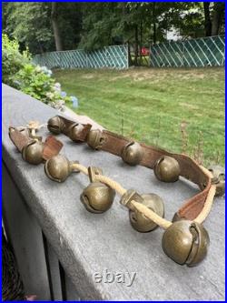 Antique 1800's Graduated Brass Christmas Horse Sleigh Bells 12 Leather Strap