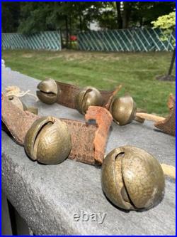 Antique 1800's Graduated Brass Christmas Horse Sleigh Bells 12 Leather Strap