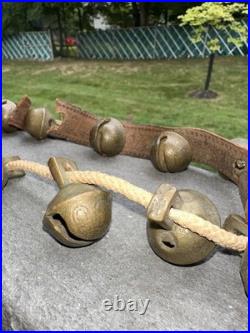 Antique 1800's Graduated Brass Christmas Horse Sleigh Bells 12 Leather Strap