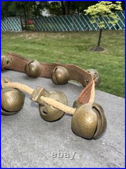 Antique 1800's Graduated Brass Christmas Horse Sleigh Bells 12 Leather Strap