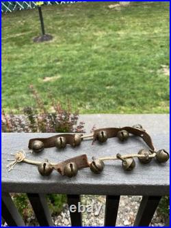 Antique 1800's Graduated Brass Christmas Horse Sleigh Bells 12 Leather Strap