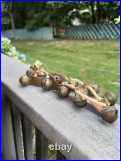 Antique 1800's Graduated Brass Christmas Horse Sleigh Bells 12 Leather Strap