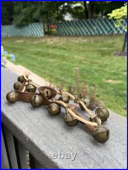 Antique 1800's Graduated Brass Christmas Horse Sleigh Bells 12 Leather Strap