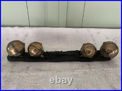 Antique 1800s Primitive Large Brass Sleigh Bells on Leather Strap