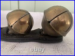 Antique 1800s Primitive Large Brass Sleigh Bells on Leather Strap