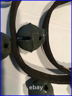 Antique 1880s Horse Sleigh Bells With Leather Strap And 30 Petal Brass #3 Bells