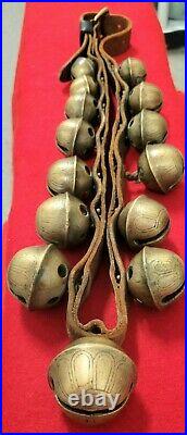 Antique 1900s Graduated Brass Sleigh Bells Leather Neck Strap