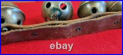 Antique 1900s Graduated Brass Sleigh Bells Leather Neck Strap